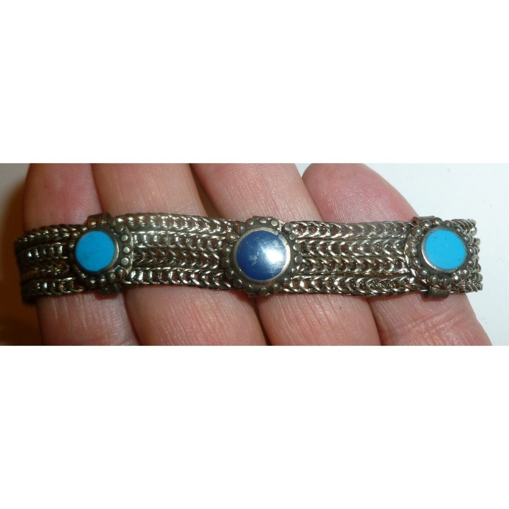 Vintage Ethnic Silver Tone Woven Chain Bracelet Faux Lapis Turquoise‎ Tribal